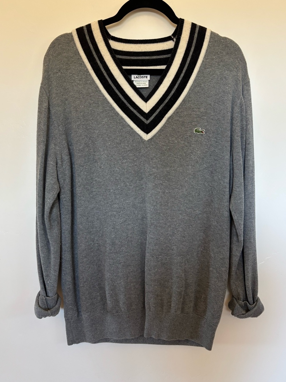 Lacoste Grey V-Neck Sweater with Black & Cream Trim